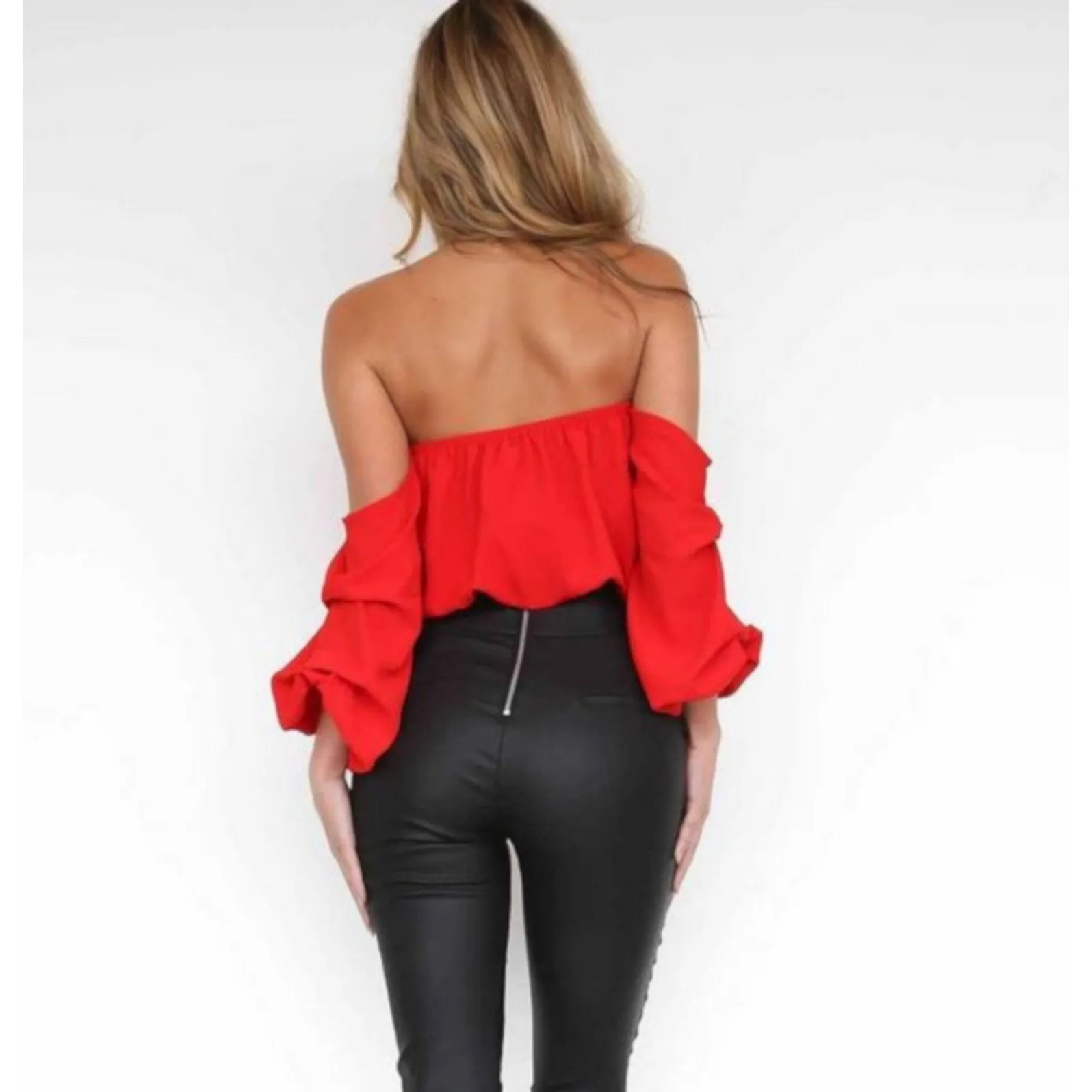 Trendy Red Off The Shoulder Flowy Summer Crop Top W/ Ruffles