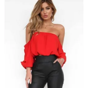 Trendy Red Off The Shoulder Flowy Summer Crop Top W/ Ruffles