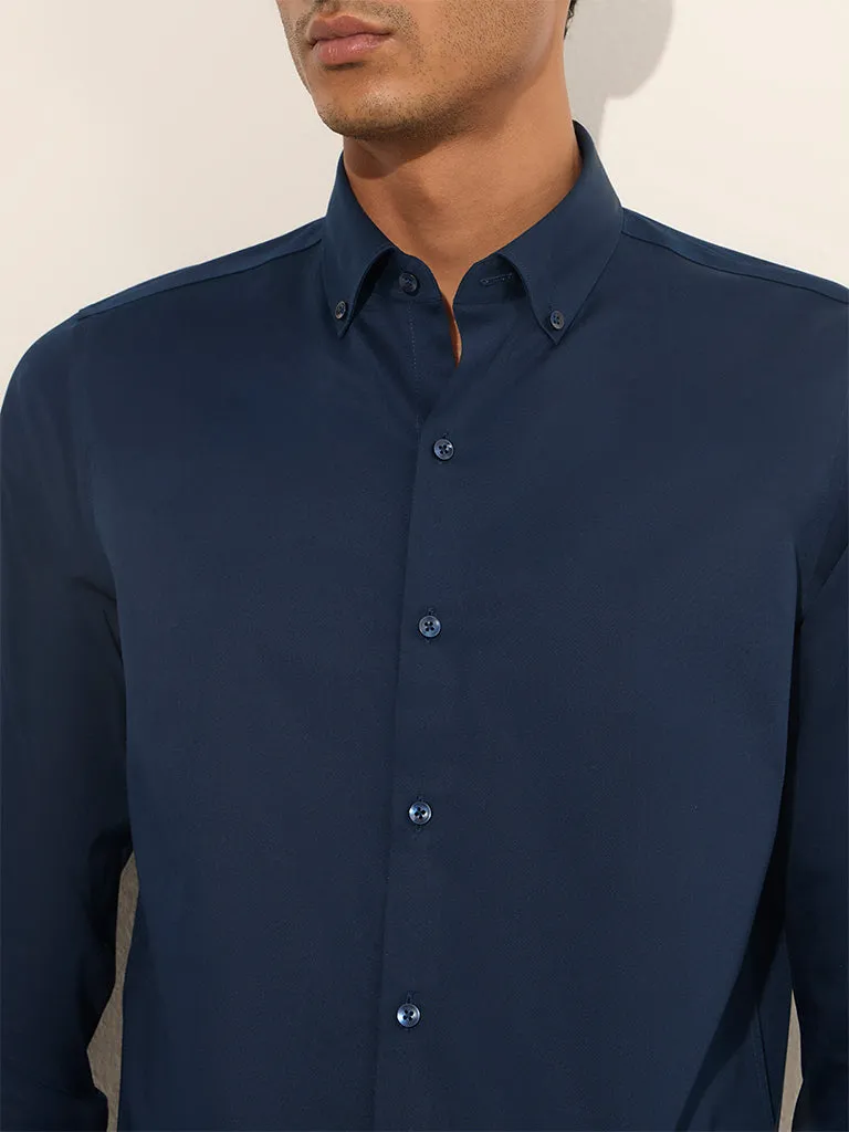 WES Formals Navy Solid Slim-Fit Cotton-Blend Shirt