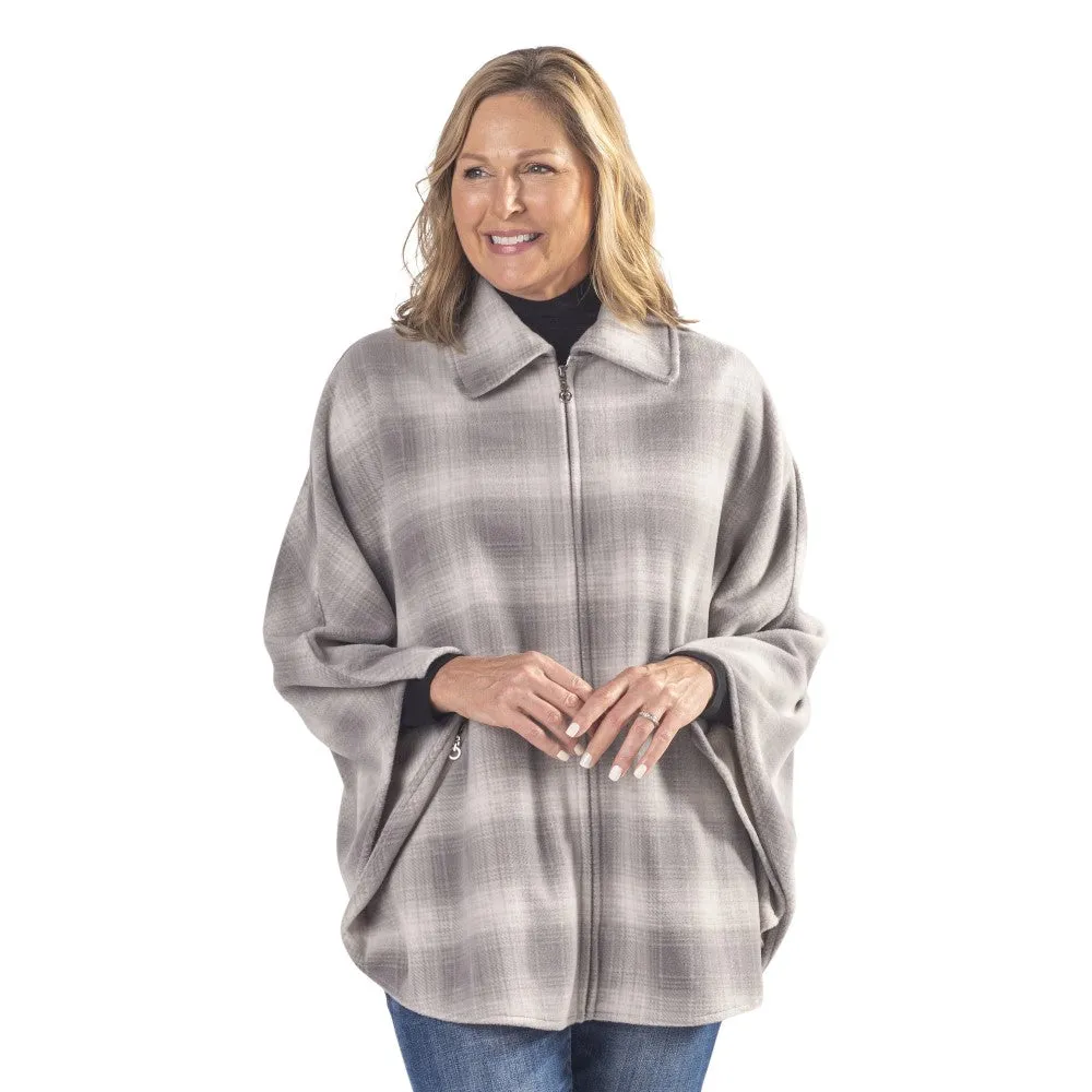 Winter Warm White and Grey Plaid Full Zip Fleece Cape