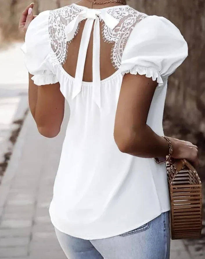 Women Lace-Back Puff Sleeve Top Blouse for Day Events