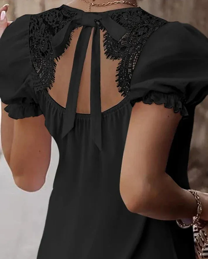 Women Lace-Back Puff Sleeve Top Blouse for Day Events