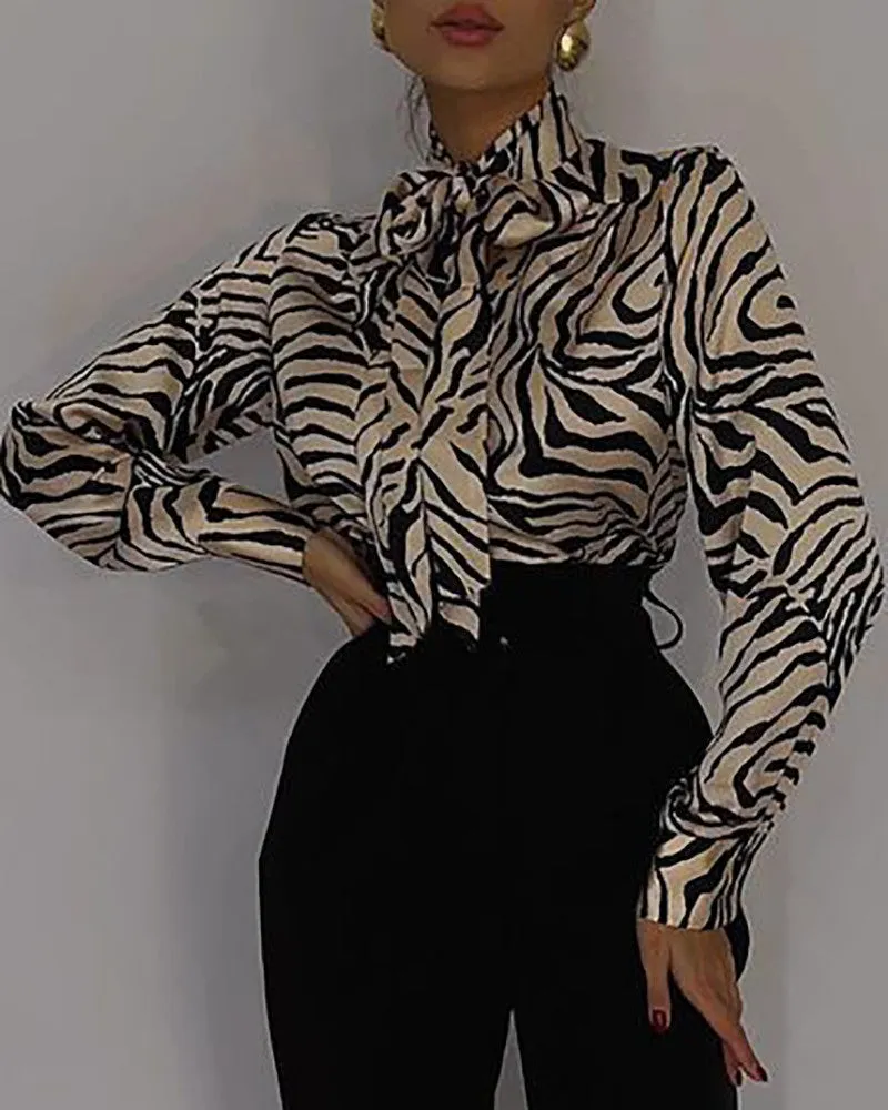 Zebra Stripe Print Lantern Sleeve Tied Detail Top