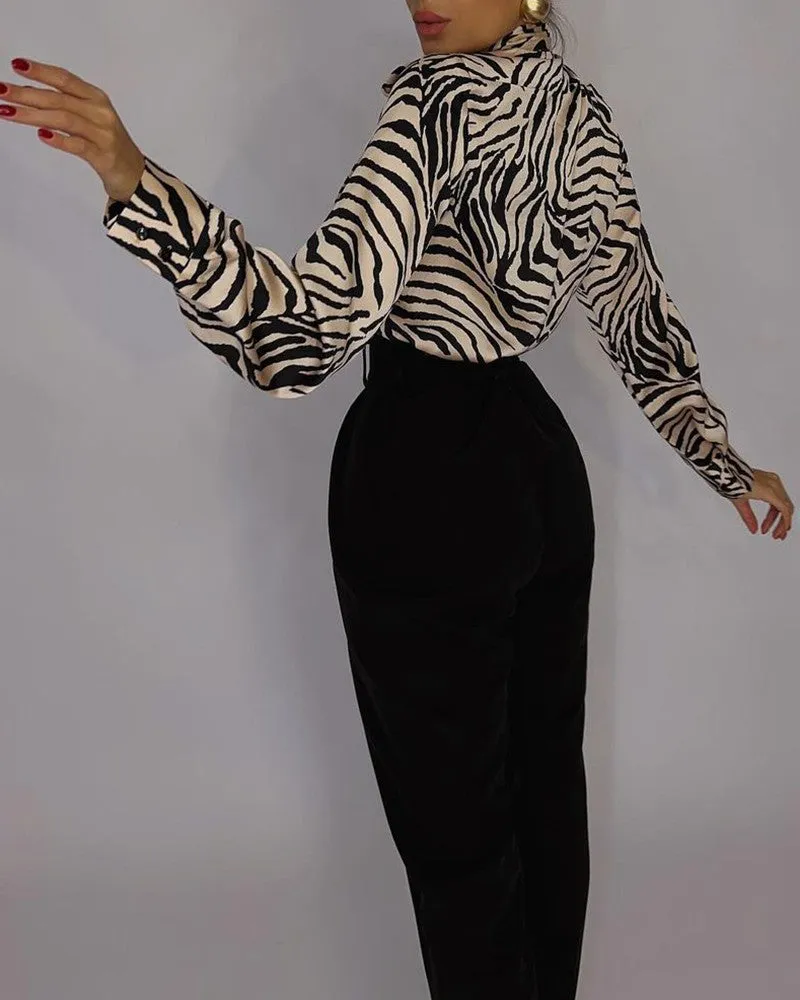 Zebra Stripe Print Lantern Sleeve Tied Detail Top